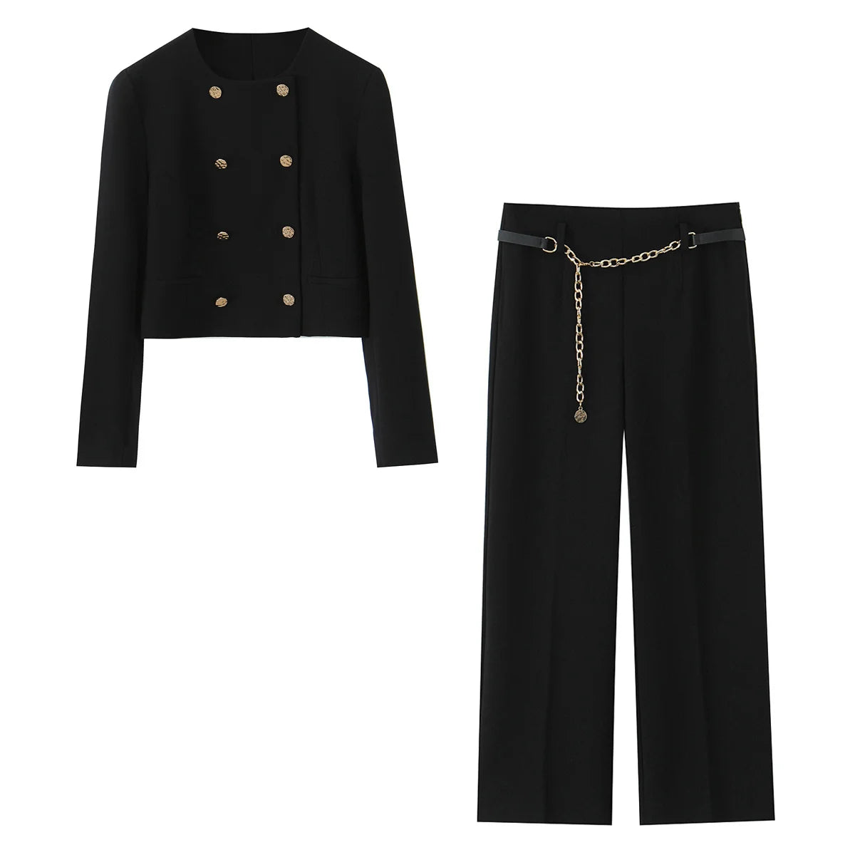 HH Women Solid Pant Set Long Sleeve O-Neck Double-Breasted Blazers+High Waist Chain Matching Side Zipper Trousers Sets