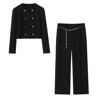 HH Women Solid Pant Set Long Sleeve O-Neck Double-Breasted Blazers+High Waist Chain Matching Side Zipper Trousers Sets