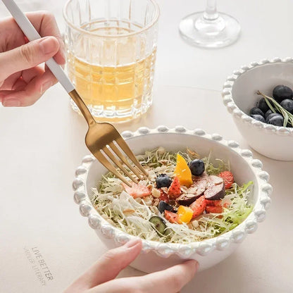 Ceramic Tableware Set Nordic Creative Pearls Beaded Edge Western Food Snack Plate Rice Bowl Soup Bowl Steak Plate Set Kitchen.