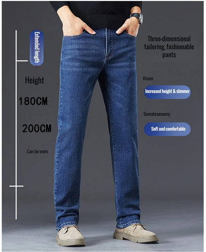 Tall Men Denim Pants Fleece Thick Warm Winter Stretch Jean Male Extra Long Length Leg Trouser 115cm 190cm Black Skinny Thin Slim.