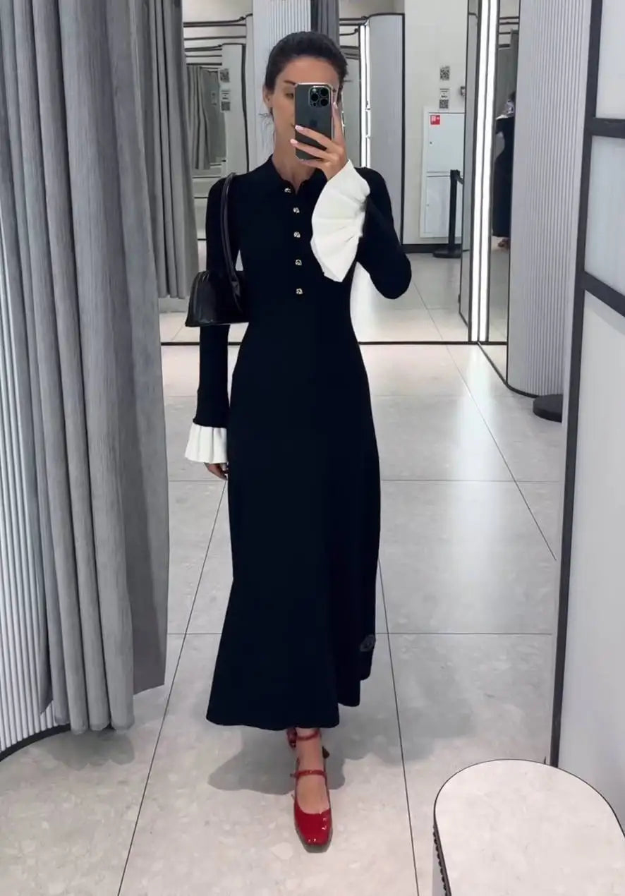 Tossy Weibliche Rüschen Strickwaren Langes Kleid Mode Patchwork Schlank Kontrast Revers Casual Party Kleid Kleid frauen Stricken Maxi Kleid.