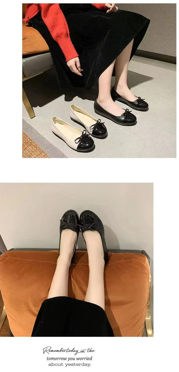 Ballerina Women's Flat Shoes Comfort Non-slip Ladies Loafers Leather Flats Elegant Bowknot Women's Single Shoes Mother's Shoes.