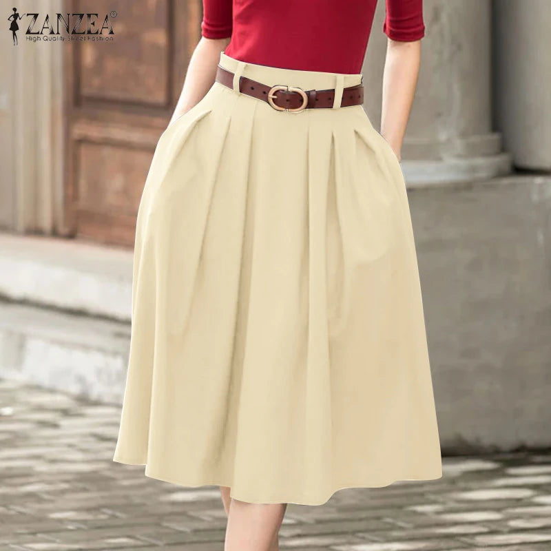 ZANZEA Summer Solid Midi Skirt Elegant Women High Waist Work OL Skirts Fashion A-line Jupes Stylish Party Faldas Saia  Plus Size.