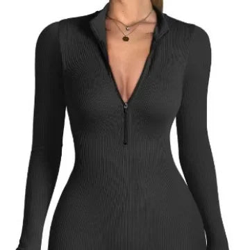 High Elasticity Yoga Suit Women's Thumb-Closed Bodysuit Zipper Tight Exercise Fitness Clothing Nylon Material Chinese Origin.