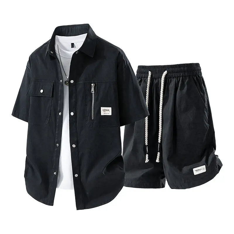 Men's Summer Casual Versatile Fashionable Cool Short-Sleeved Shirt And Shorts Set Trendy Business Casual Outfit.