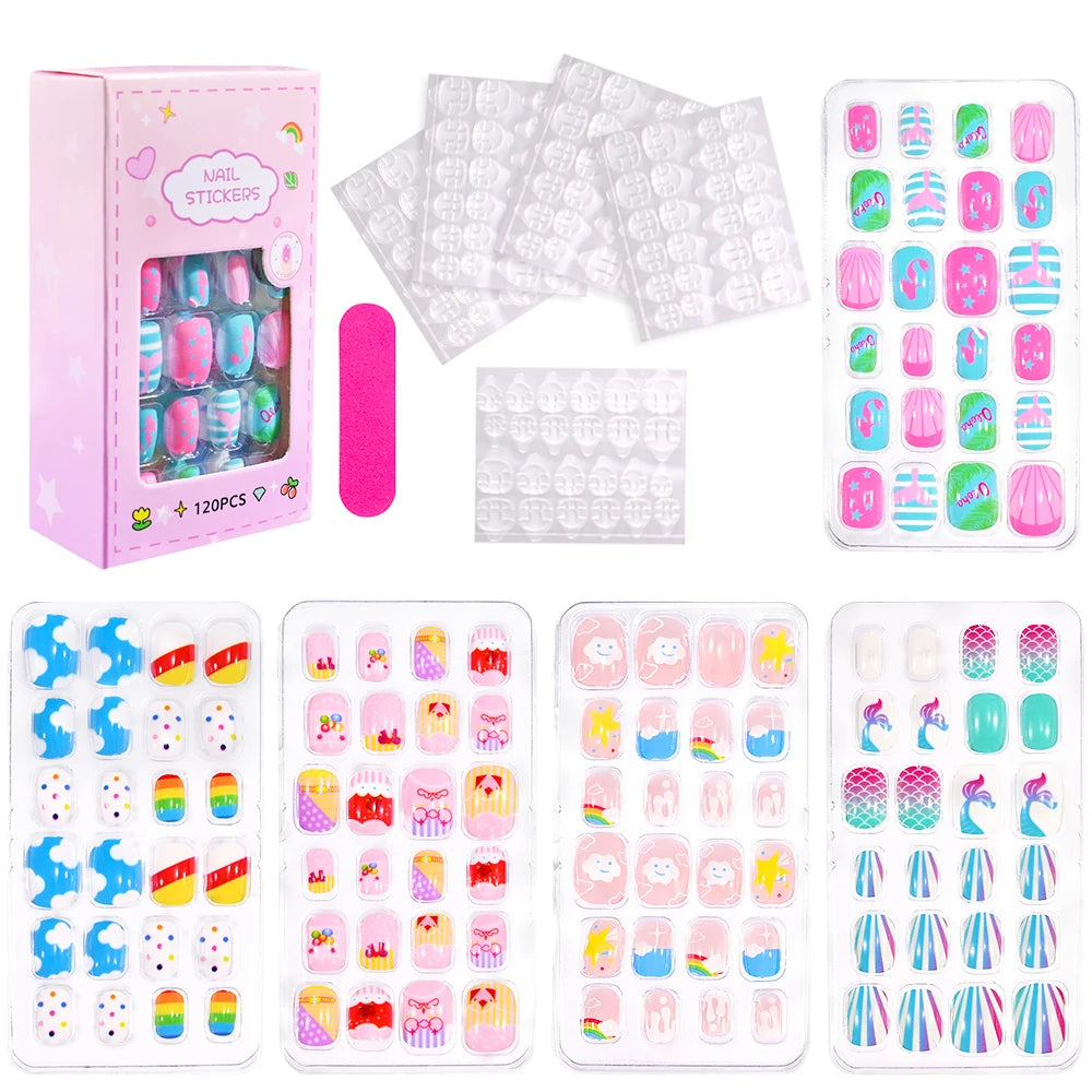 120pcs/box Pink Cartoon Children Press On Nails Candy Color Unicorn Cat Bunny Kids Full Cover False Nail Girls Party Nail Decora