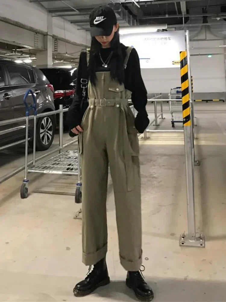 Jumpsuits Women Design Loose Fashion Vintage Students Spring Korean Style Straight Leisure Belt Simple Solid Elegant Tender Cozy.