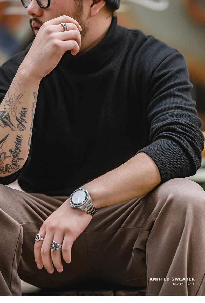 Maden Casual Gray Knitted Turtleneck Sweaters Men's Vintage 310g High Collar Waffle Pullovers Basic Fashion Black Warm Jumper.