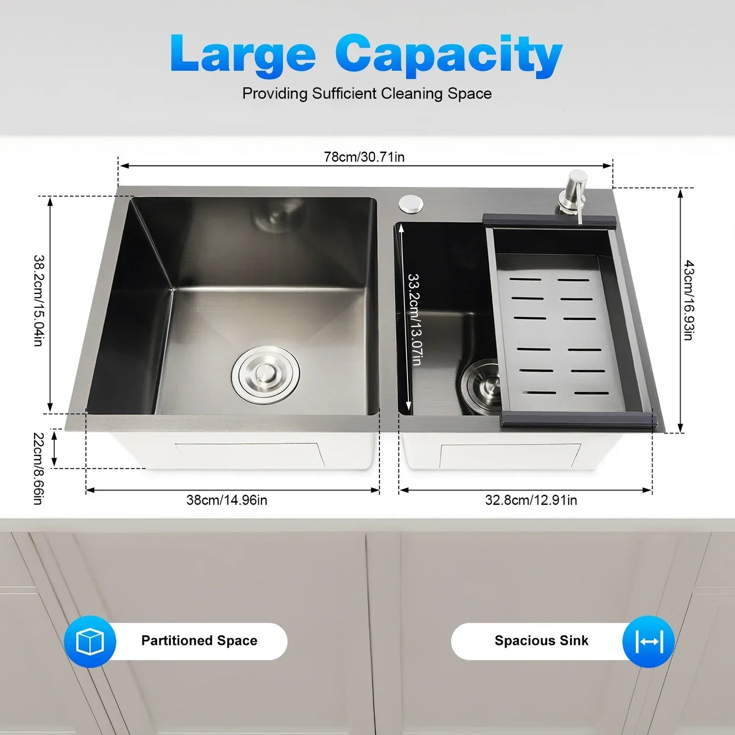 Rainaut Küchenspüle aus Edelstahl 304, Doppelschüssel-Einbaumkorb mit Abtropffläche + Seifenspender, rechteckige Spüle, 78 x 43 x 22 cm