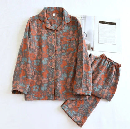 100% Cotton Crepe Homeclothes 2023 Autumn/Winter Women's Pajamas Suit Long-Sleeved Trousers 2-piece Yarn-Dyed Jacquard Pajamas