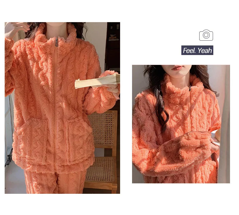 Große Größe Flanell Pyjama Set Herbst Winter Weibliche Nachtwäsche Hosen Anzug Verdicken Korallen Fleece Hohe Kragen Lounge Tragen Homewear