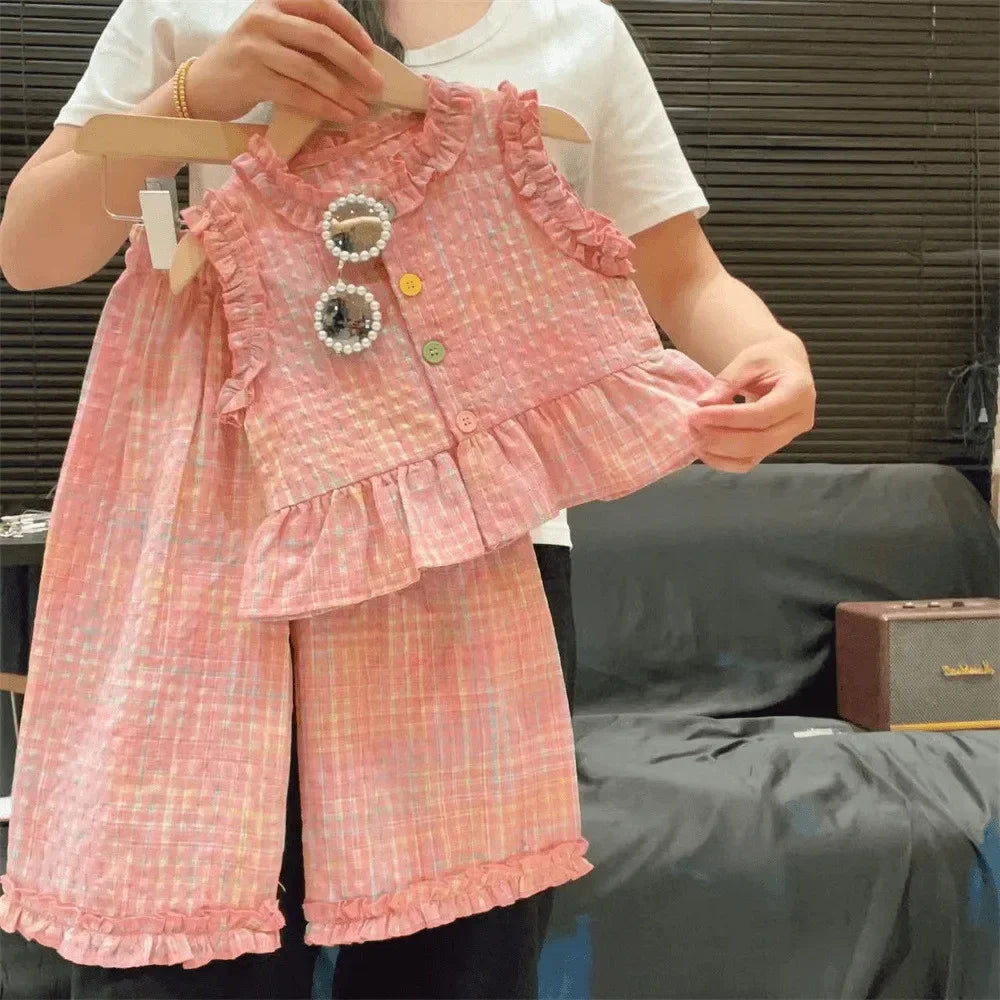 Pink Girl's Summer Two-piece Set with Single Breasted Sleeveless Top and Casual Pants, New Children's Sets Kids Clothes.