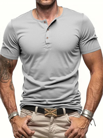 Men's Short Sleeve Henley Neck T-shirt Solid Color Male Tops Slim Fit Button Neck Casual Cozy Tshirt  Streetwear