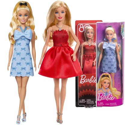 Original Barbie Dolls 80th Anniversary Red Celebration Blonde Fashionistas Blue Bow Dress Shoes Necklace Girls Toys Accessories.