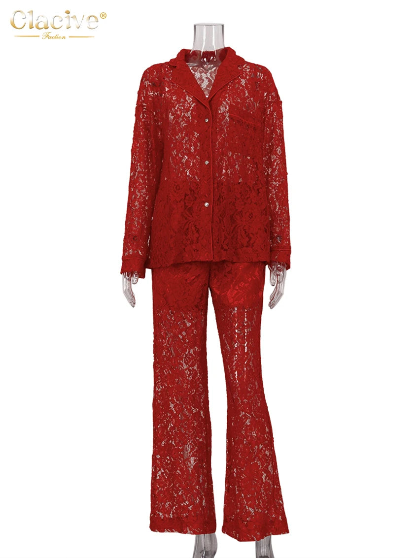 Clacive Sexy Loose Black Lace See Through Trousers Sets Women 2 Pieces Fashion Long Sleeve Shirt With High Waist Wide Pants Set.