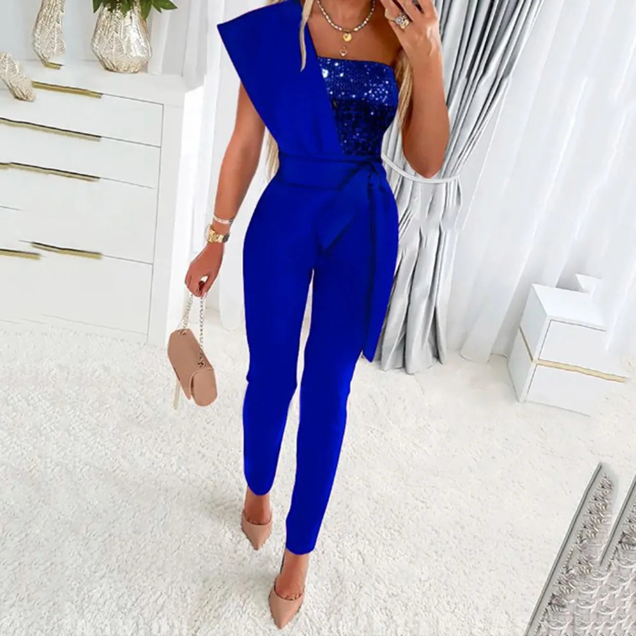 Women Jumpsuits Sleeveless Rompers Overalls Solid One Piece Pencil Pants Slim Belt Slight Strech Spliced Sequins Office Lady.