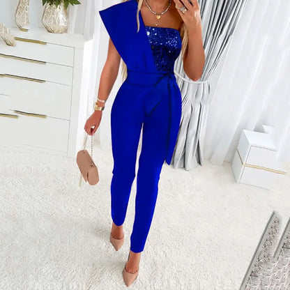 Women Jumpsuits Sleeveless Rompers Overalls Solid One Piece Pencil Pants Slim Belt Slight Strech Spliced Sequins Office Lady.
