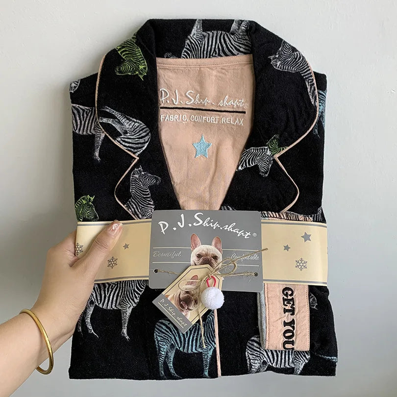 2025 New Pajamas Suit Cotton 2 Piece Set Women Print Cartoon Nightwear Long Sleeve Trousers Set Autumn Loungewear Home Clothes