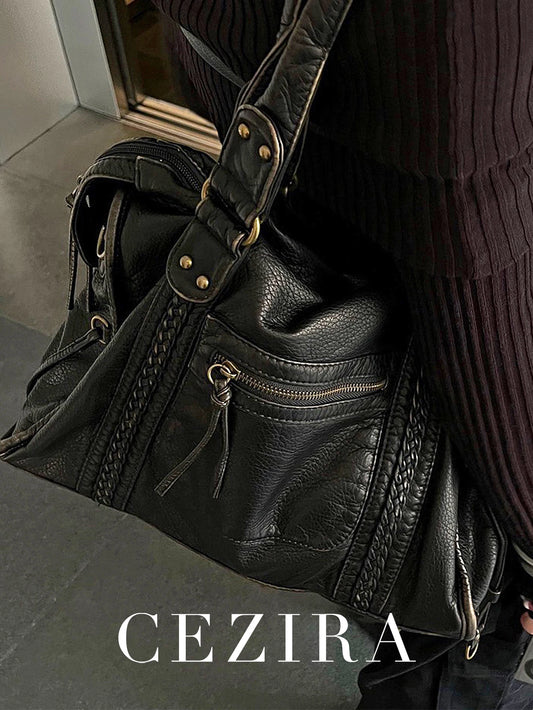 Vintage Washed PU Leather Large Capacity Tote Zip Pockets Braid Decor Shoulder Cross body Bag Unisex Women Daily Travel Handbag.