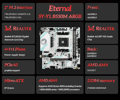 SOYO AMD B550M Gaming Motherboard USB3.1 M.2 Nvme Sata3 DDR4 Dual Channel Supports RYZEN R3 R5 R7 3000 4000 5000 CPU AM4 Socket.