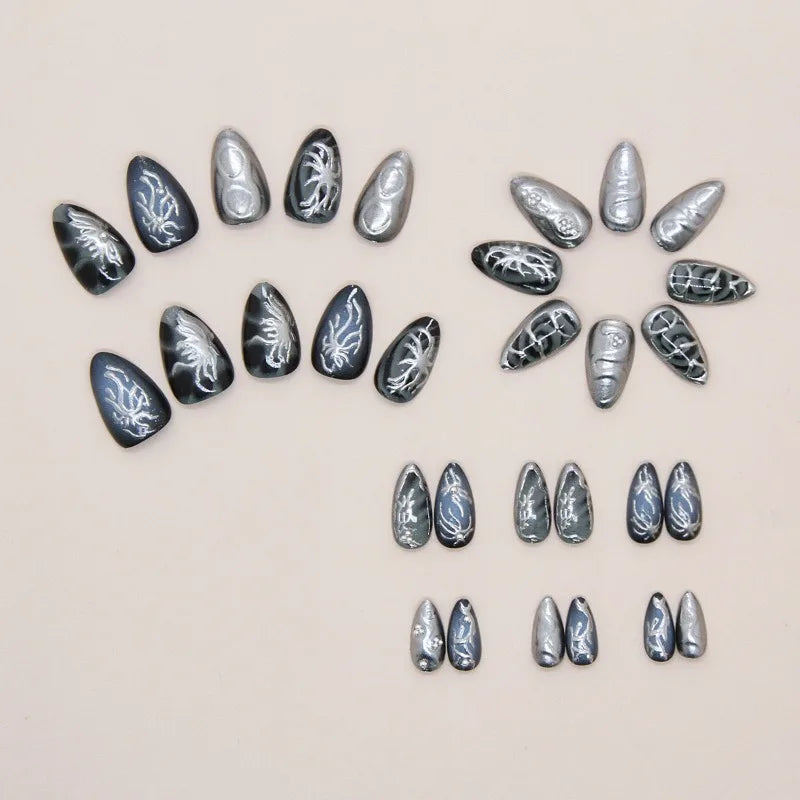 24Pcs Dark Press on Fake Nails with Black Glitter 3D Metallic Designs Sweet Cool Almond False Nails Detachable Nails Spice Girls.