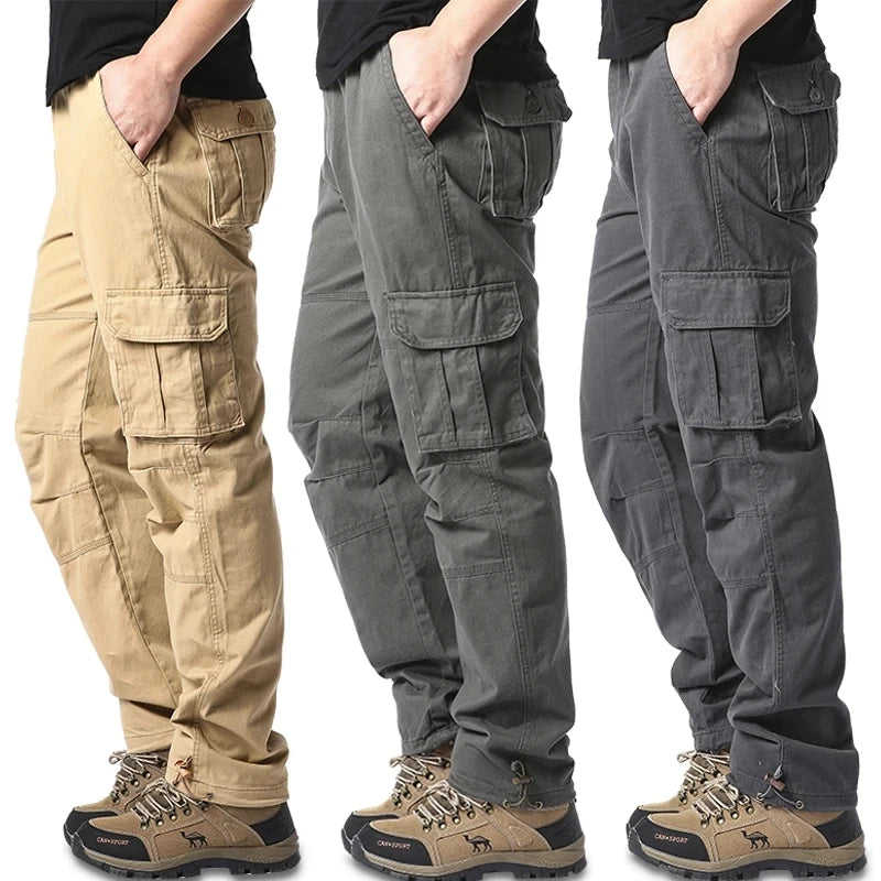 Solid Cotton Multi Flap Pockets Men's Straight Leg Cargo Pants, Loose Casual Outdoor Pants, Men's Work Pants Outdoors Streetwear.