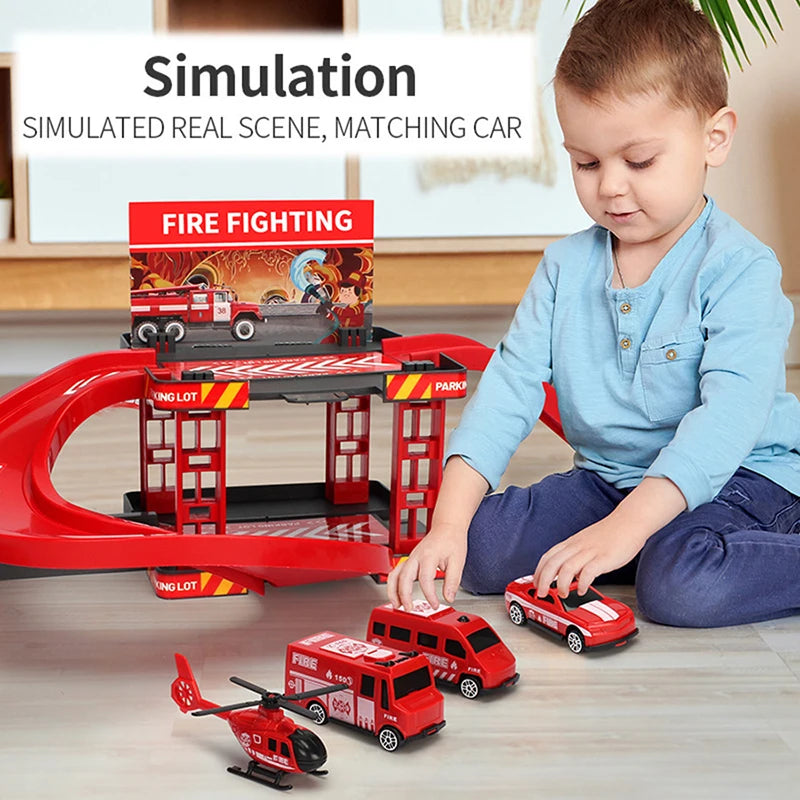 Parking Track Car Children Toys Police Cars Fire Engines Engineering Vehicle Ramp Road Construction Inertial Sliding Track Games.