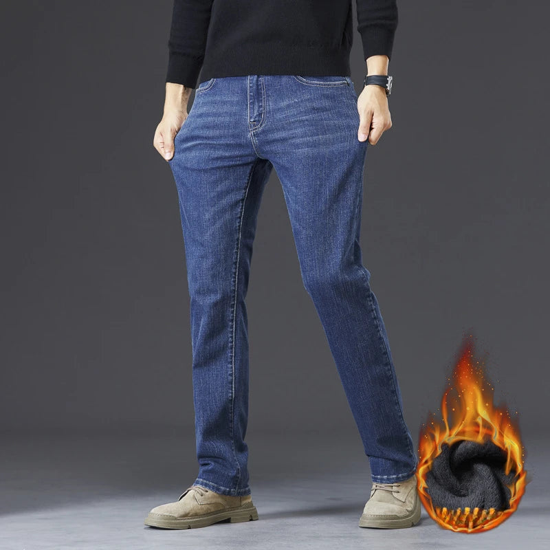 Tall Men Denim Pants Fleece Thick Warm Winter Stretch Jean Male Extra Long Length Leg Trouser 115cm 190cm Black Skinny Thin Slim