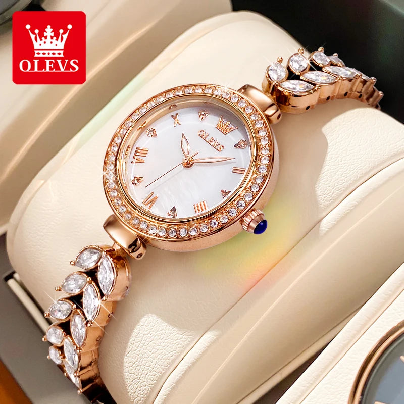 OLEVS 9971 Women's Watches Elegant Fashion Original Wristwatch Waterproof  Fish Bone Strap Luminous Hand Diamond Bezel Reloj.
