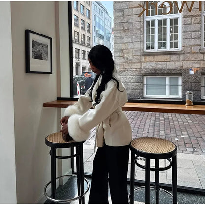 Frauen Mäntel Elegante Revers Plüsch Mit Gürtel Faux Pelz Hülse Tweed Offenen Mantel Weibliche 2025, Herbst Winter Mode Dame streetwear