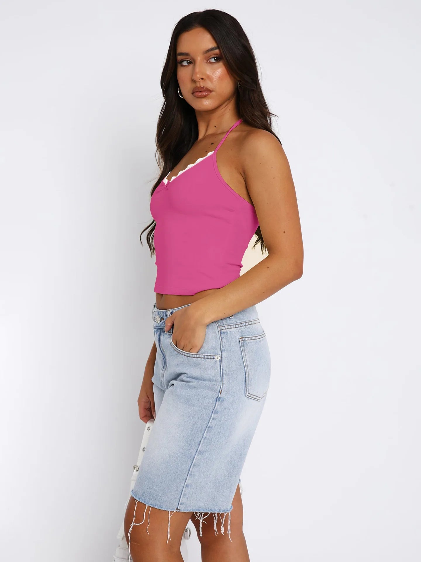 Neue Hals hängende Weste Damen Y2K Sexy Crop Top mit freiliegendem Nabel BM Strapsbasis und ärmelloses Slim Fit Top Tank Top
