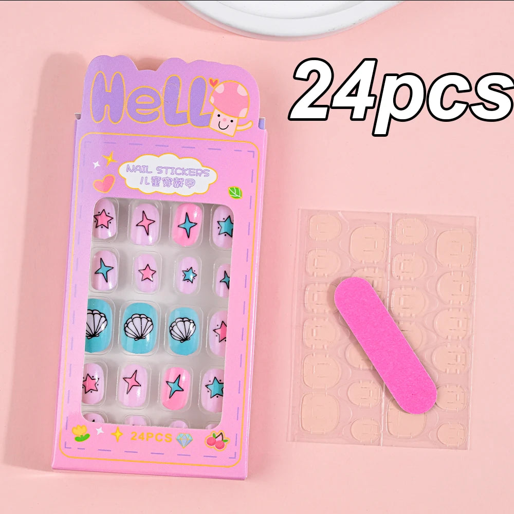 120pcs/box Pink Cartoon Children Press On Nails Candy Color Unicorn Cat Bunny Kids Full Cover False Nail Girls Party Nail Decora