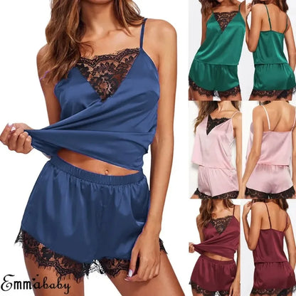 Frauen Eis Seide Pyjama Nachtwäsche Pyjama Set Nachthemden Nachthemd Leibchen Shorts schwarz rot l xl Spitze lässig sexy glatt 파자.