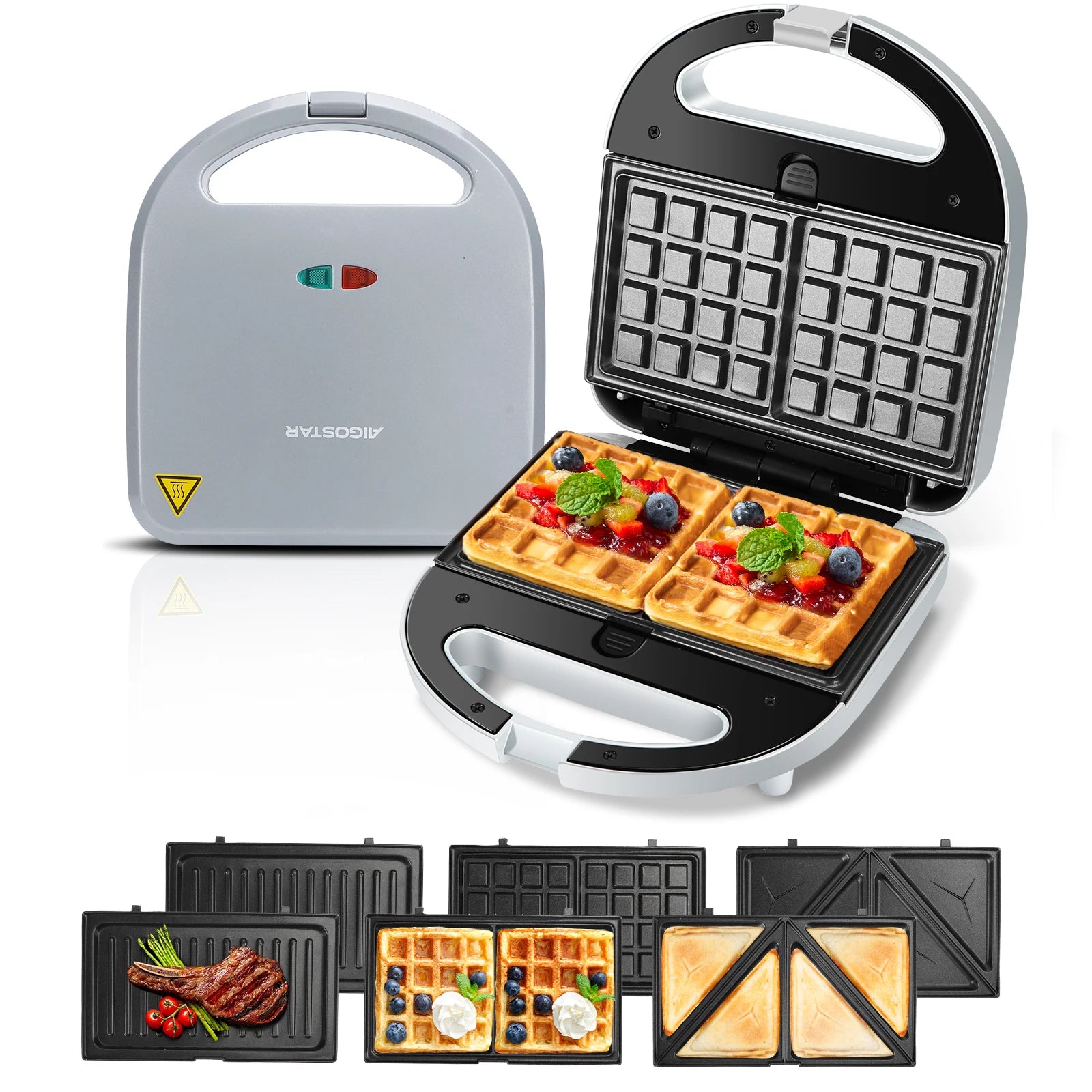 Aigostar Sandwich Maker 3 in 1: Electric Sandwich Maker, Grill and Waffle Maker, 3 Removable Non-Stick and Interchangeable Plates.