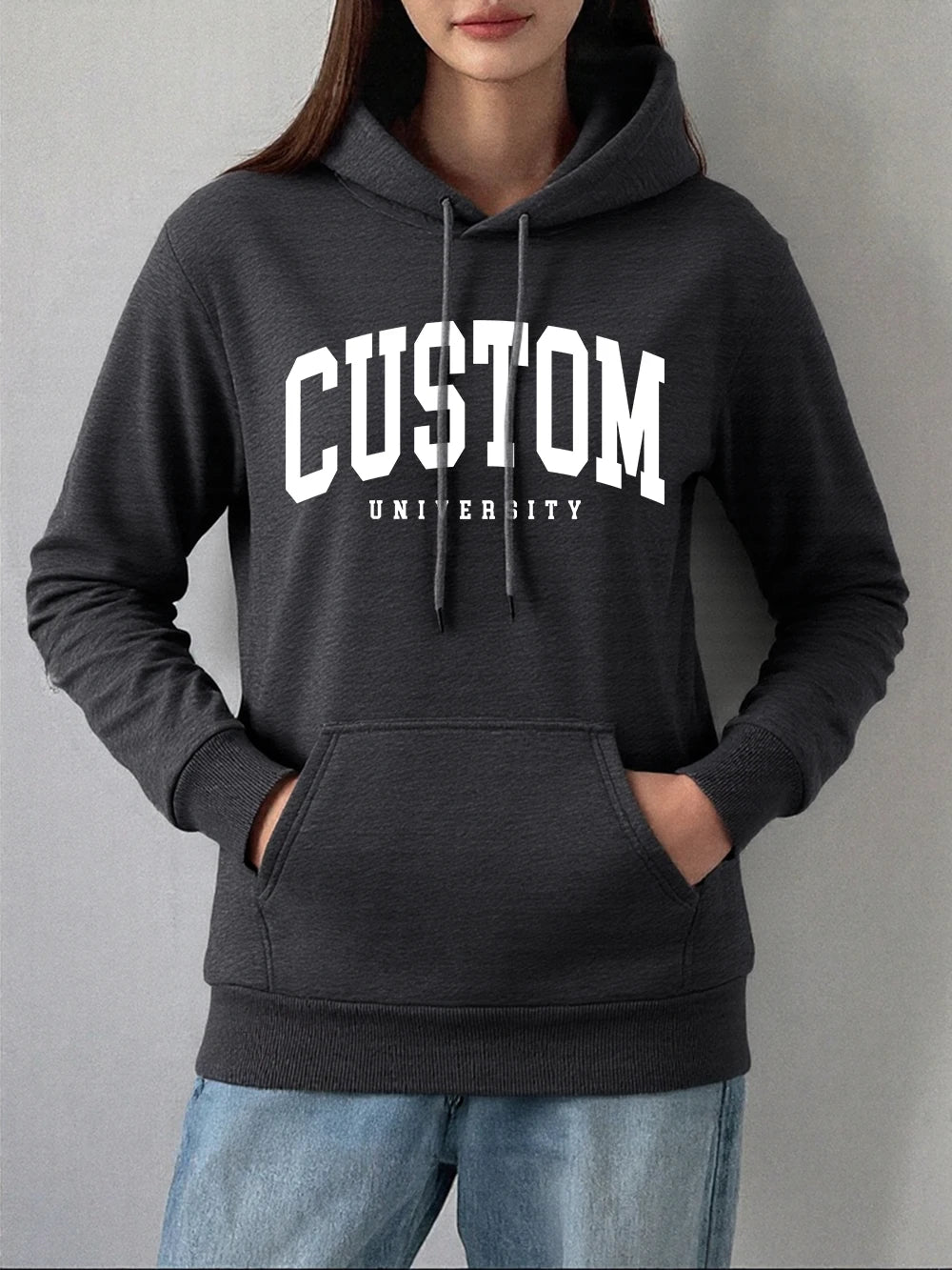Custom University Printed Hoodies Women Basics Pocket Sweatshirts Autumn Fleece Warm Pullovers Comfortable Casual Womans Clothes