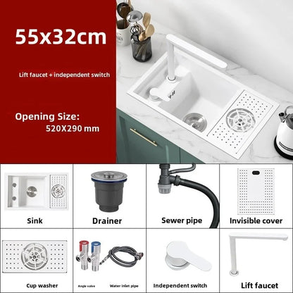 55 cm x 32 cm weißes, verstecktes Küchenspülbecken-Set, zusammenklappbares Wasserhahn-Abflussrohr, einklappbares Unterbauwaschbecken, kleines Waschbecken aus Edelstahl