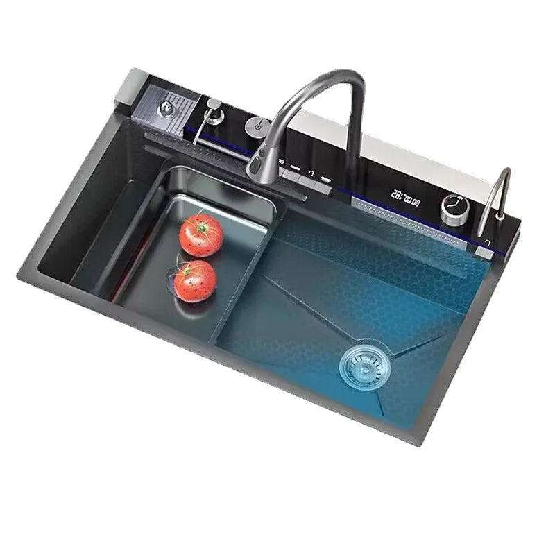 Wasserfall-Küchenspüle aus Edelstahl 304, großes Einzelschlitz-Wasserhahn-Set mit integrierter Digitalanzeige, Seifenspender, Tassenwascher