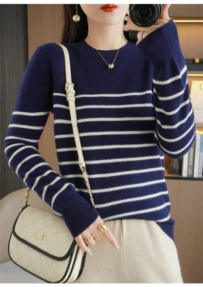 Herbst Winter neue Frauen O-Ausschnitt Farbe Streifen Pullover Wolle Mischung Mode weichen warmen Pullover Kaschmir lose lässig Strick Base Top