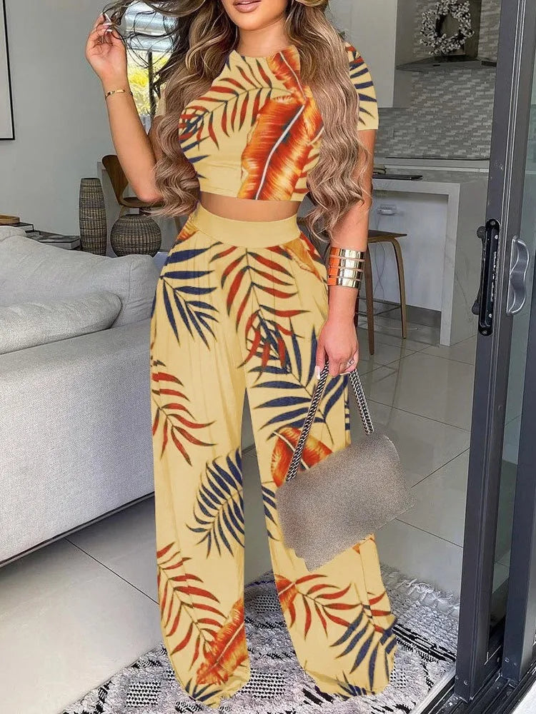 New Women's Sexy Ultra Short Top Set Summer Fashion Printed Corset Waist Long Pants Slim Elegant Female Casual Pants 2 Piece Set.