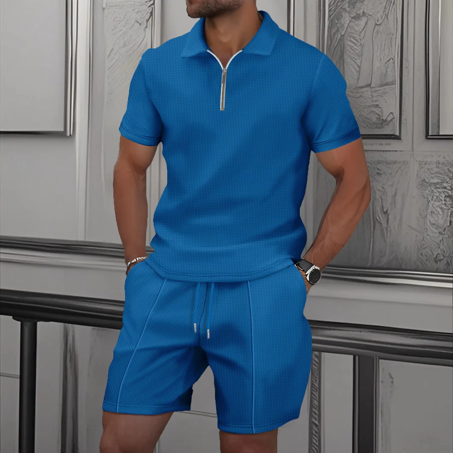 Men's Sportswear set, men's Zipper Polo Shirt set, 3D Printed Casual Zipper Polo Shirt + Shorts 2-piece Business Sportswear Set.