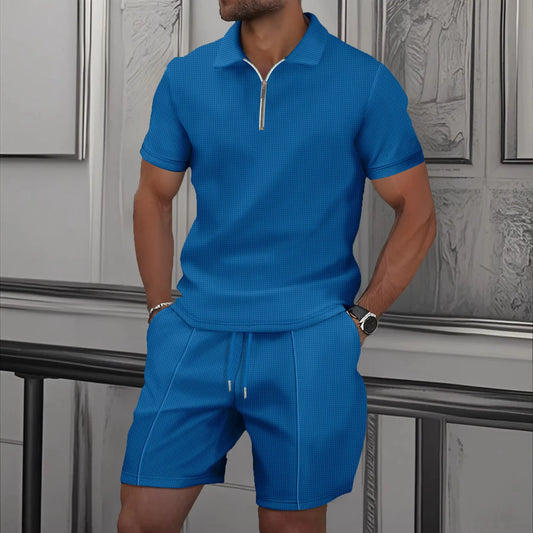 Men's Sportswear set, men's Zipper Polo Shirt set, 3D Printed Casual Zipper Polo Shirt + Shorts 2-piece Business Sportswear Set.