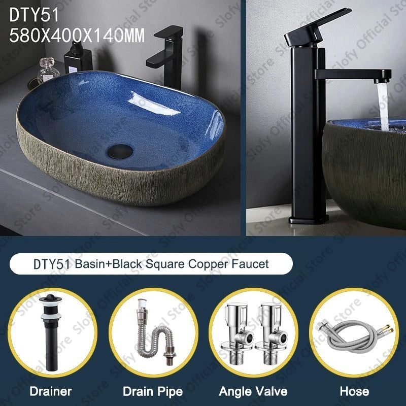 Vintage Elegant Countertop Washbasin Classic Blue Art Hotel Ceramic Basins Sink Multiple Styles Outdoor Balcony Bathroom Sinks