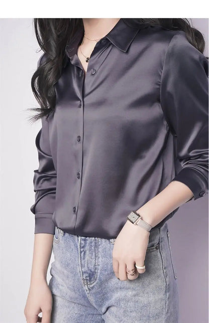Spring Summer Casual Women's Satin Shirt Lapel Long Sleeve Blouse Loose Solid Color Office Lady Fashion Shirts Top