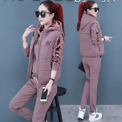 2024 Autumn Winter New Women's Casual Sweat Suit Fashion Plush Thickened Hooded Tops Waistcoat Pants 3 Three Piece Set For Women.