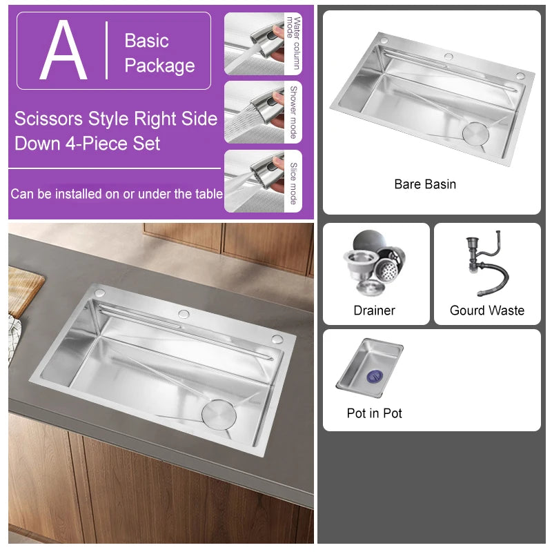 304 Stainless Steel Kitchen Sink Silver Embossed Large Single Slot Home Improvement Multifunction Wash Basin For Kitchen