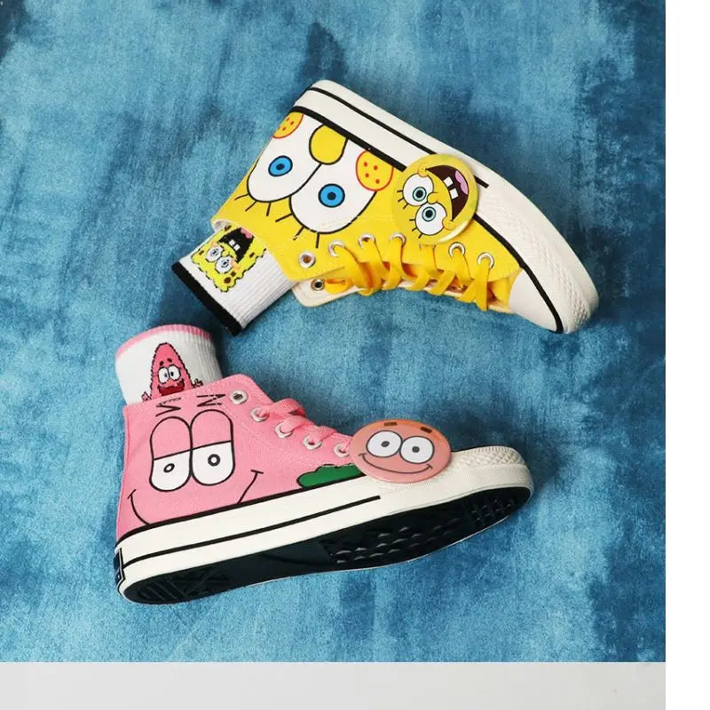 Summer new student Spongebob Squarepants High top canvas shoes cute girl cartoon street sneakers.