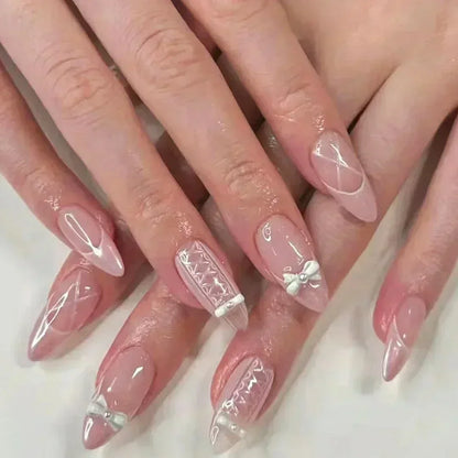 White Glitter Powder Bowknot Long Pointed Fake Nails Art Ballet False Nail Cow Print Pearl Rhinestone Pink Almond Press on Nails