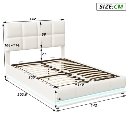Comanlai Polsterbett 140 x 200 cm mit LED-Leuchten, hydraulisches Bett mit Stauraum, Doppelbett mit Lattenrost, Kunstleder, weiß