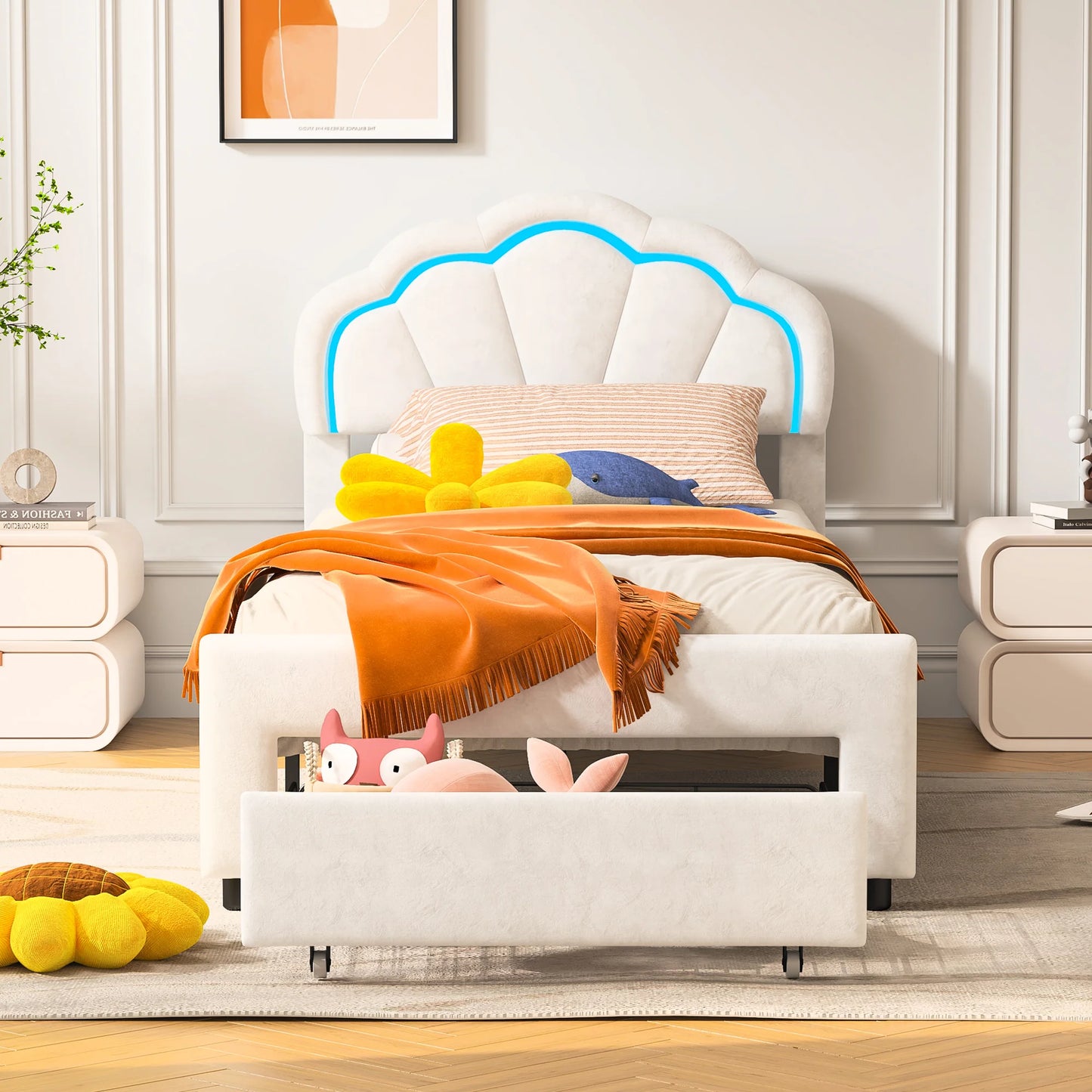 Rosahqnda gepolsterter Bettrahmen mit blumenförmigem Kopfteil, Bettrahmen, Einzelbett, Blütenblattbett, Jugendbett für Jungen und Mädchen