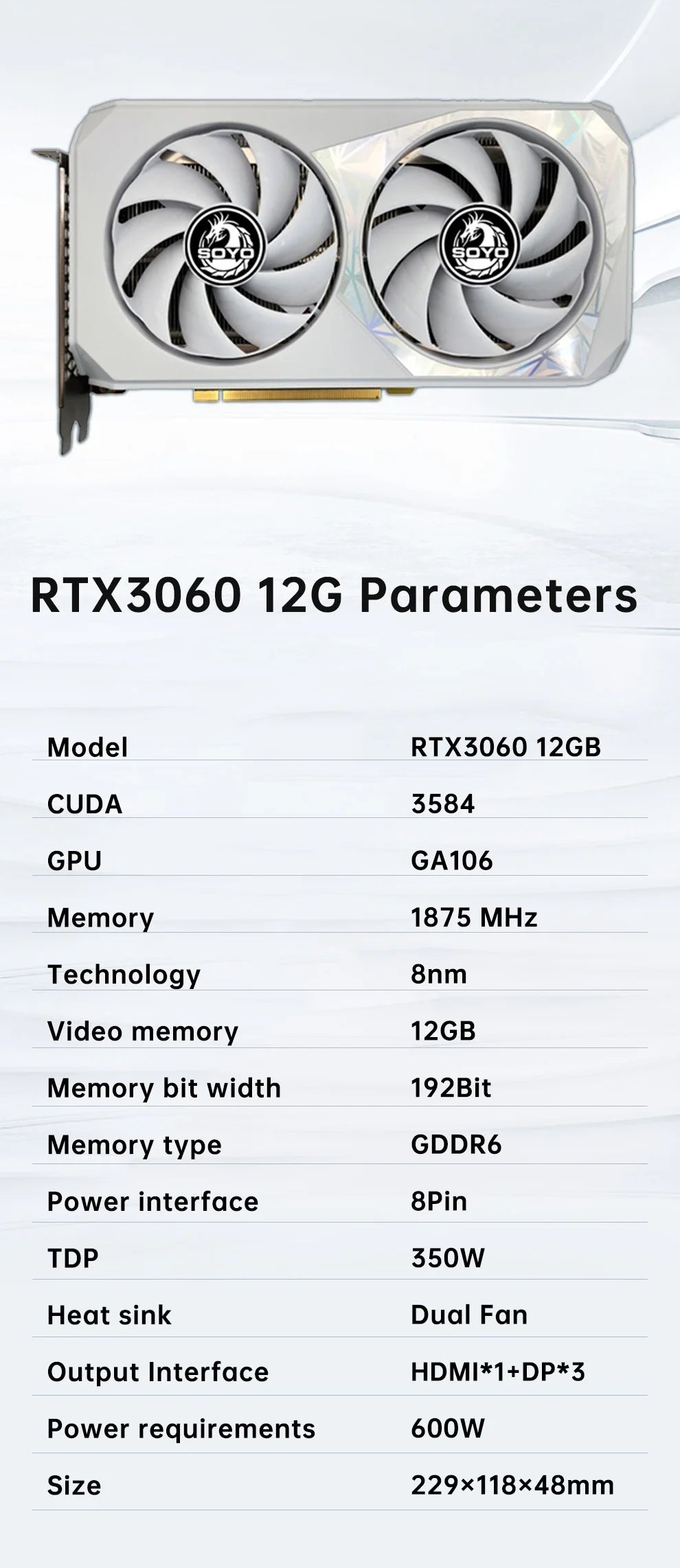 SOYO New Gaming Graphics Cards NVIDIA GeForce RTX 3060 12GB GDDR6 192 Bit Desktop GPU Video Card Computer components.